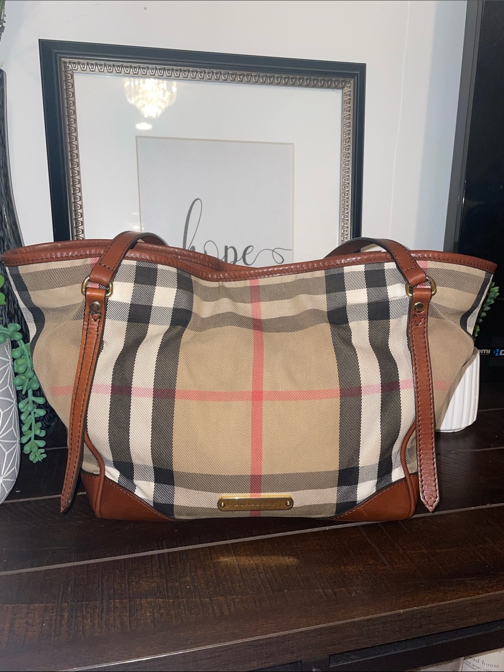 Burberry Canterbury House Check Canvas Tote with Brown Leather Trim
